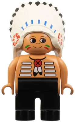 Duplo Figure, Male, Black Legs, Nougat Top with White Stripes (Native American Chief)