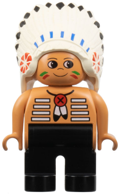 Duplo Figure, Male, Black Legs, Nougat Top with White Stripes (Native American Chief)