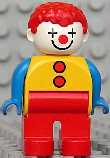 Duplo Figure, Male Clown, Red Legs, Yellow Top with 2 Buttons, Blue Arms, Red Hair Curly (4129940)