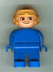 Duplo Figure, Male, Blue Legs, Blue Top, Aviator Helmet Fabuland Orange