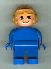 Duplo Figure, Male, Blue Legs, Blue Top, Aviator Helmet Fabuland Orange