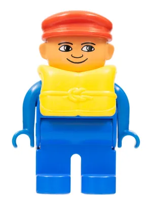 Duplo Figure, Male, Blue Legs, Blue Top, Life Jacket, Red Cap, with White in Eyes pattern