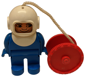 Duplo Figure, Male, Blue Legs, Blue Top, White Helmet, String and Red Reel
