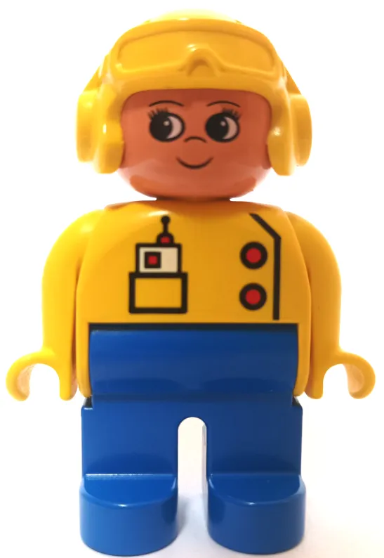 Duplo Figure, Female, Blue Legs, Yellow Top with Radio in Pocket, Yellow Aviator Helmet, Eyelashes, Turned Up Nose