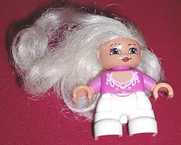 Duplo Figure Lego Ville, Child Girl, White Legs, Dark Pink Top with White Lace Neckline, Blond Hair (Princess)