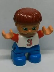 Duplo Figure Lego Ville, Child Boy, Blue Legs, White Top with Red Number 3 Pattern, Dark Red Hair (6013303)