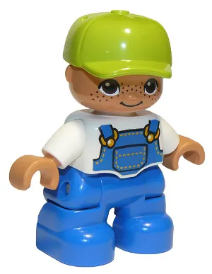 Duplo Figure Lego Ville, Child Boy, Blue Legs, White Top with Blue Overalls, Lime Cap, Freckles, Oval Eyes