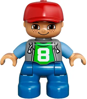 Duplo Figure Lego Ville, Child Boy, Blue Legs, Light Bluish Gray Top with Number 8, Medium Blue Arms, Red Cap, Freckles (6024623)