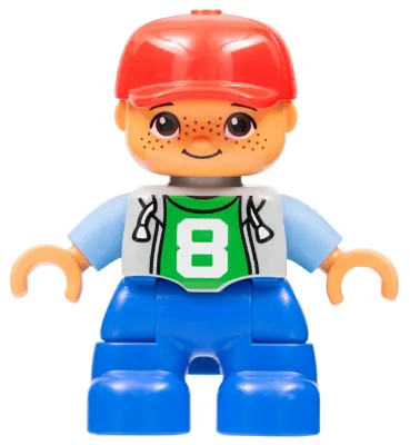 Duplo Figure Lego Ville, Child Boy, Blue Legs, Light Bluish Gray Top with Number 8, Medium Blue Arms, Red Cap, Freckles, Oval Eyes (6179295, 6233836)