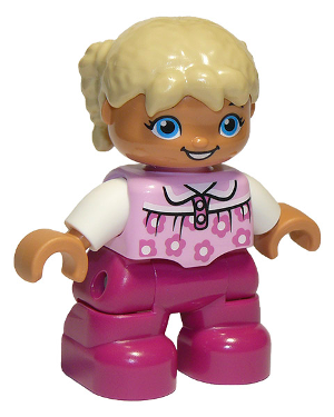Duplo Figure Lego Ville, Child Girl, Magenta Legs, Bright Pink Top with Flowers, White Arms, Tan Hair with Braids, Oval Eyes