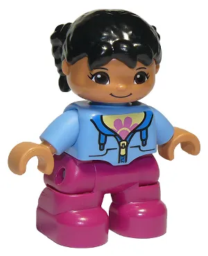 Duplo Figure Lego Ville, Child Girl, Magenta Legs, Medium Blue Jacket over Shirt with Flower, Black Pigtails, Oval Eyes