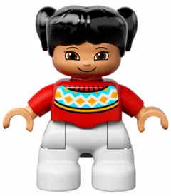 Duplo Figure Lego Ville, Child Girl, White Legs, Red Fair Isle Sweater with Orange Diamonds, Brown Eyes with Cheeks Outline, Black Pigtails