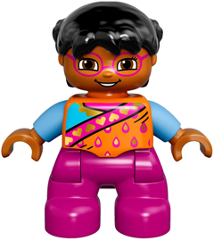Duplo Figure Lego Ville, Child Girl, Magenta Legs and Glasses, Orange Top, Black Hair