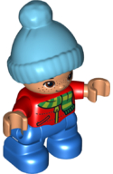 Duplo Figure Lego Ville, Child Boy, Blue Legs, Red Top with Scarf and Zipper Pattern, Freckles, Brown Eyes, Medium Azure Bobble Cap (6228502)