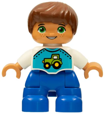 Duplo Figure Lego Ville, Child Boy, Blue Legs, White Top with Tractor Pattern, Reddish Brown Hair