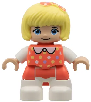 Duplo Figure Lego Ville, Child Girl, White Legs, Coral Top with Polka Dots Pattern, White Arms, Bright Light Yellow Hair with Bow
