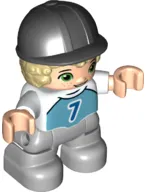 Duplo Figure Lego Ville, Child Boy, Light Bluish Gray Legs, Medium Azure Top with Number 7, Tan Hair, Black Riding Helmet (6323948)