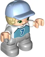 Duplo Figure Lego Ville, Child Boy, Light Bluish Gray Legs, Medium Azure Top with Number 7, Tan Hair, Bright Light Blue Cap (6349785)