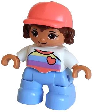 Duplo Figure Lego Ville, Child Girl, Bright Light Blue Legs, White Top with Stripes and Heart, Reddish Brown Hair, Coral Cap (6376729)