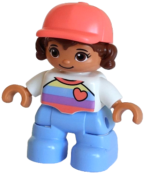 Duplo Figure Lego Ville, Child Girl, Bright Light Blue Legs, White Top with Stripes and Heart, Reddish Brown Hair, Coral Cap (6376729)