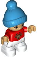 Duplo Figure Lego Ville, Child Boy, White Legs, Red Top with Deer Buck, Freckles, Reddish Brown Eyes, Dark Azure Bobble Cap (6397615)