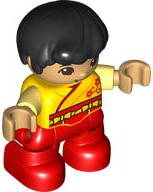 Duplo Figure Lego Ville, Child Boy, Red Legs, Yellow Robe, Bright Light Yellow Arms, Black Hair, Reddish Brown Eyes (6429723)