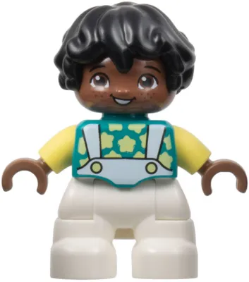 Duplo Figure Lego Ville, Child Boy, White Legs, Dark Turquoise Top with Stars, Bright Light Yellow Arms, Black Hair (6444500)