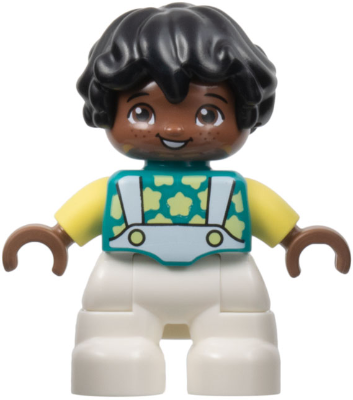 Duplo Figure Lego Ville, Child Boy, White Legs, Dark Turquoise Top with Stars, Bright Light Yellow Arms, Black Hair (6444500)