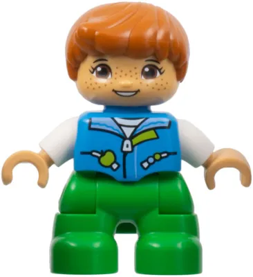Duplo Figure Lego Ville, Child Girl, Bright Green Legs, Dark Azure Vest, White Shirt, Dark Orange Hair, Hearing Aids (6443276)