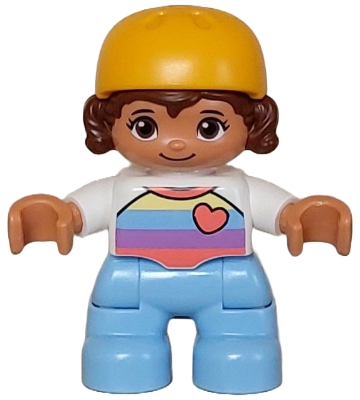 Duplo Figure Lego Ville, Child Girl, Bright Light Blue Legs, White Shirt with Coral, Medium Lavender, Bright Light Blue and Bright Light Yellow Stripes, Coral Heart, Reddish Brown Hair, Bright Light Orange Helmet (6447772)