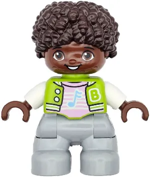 Duplo Figure Lego Ville, Child Boy, Light Bluish Gray Legs, Lime Jacket with White Sleeves, Bright Pink Shirt, Dark Brown Hair (6469554)