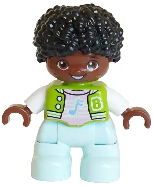 Duplo Figure Lego Ville, Child Boy, Light Aqua Legs, Lime Jacket over Bright Pink Shirt, White Letter B Outline, Buttons and Stripes, Bright Light Blue Music Note Pattern, Black Hair (6491580)