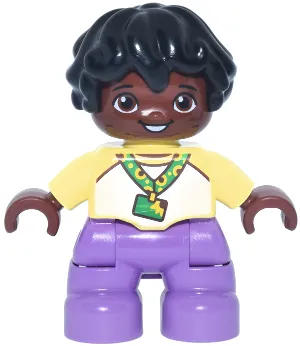 Duplo Figure Lego Ville, Child Boy, Medium Lavender Legs, Bright Light Yellow and White Top Baseball T-Shirt, Sunflower ID Badge on Lanyard Pattern, Black Hair (6544013)