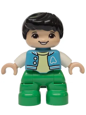 Duplo Figure Lego Ville, Child Boy, Bright Green Legs, Medium Azure Jacket with Capital Letter A and Buttons, Black Hair (6590637)