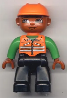 Duplo Figure Lego Ville, Male, Black Legs, Orange Vest with Green Arms, Orange Construction Helmet