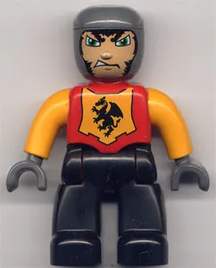 Duplo Figure Lego Ville, Male Castle, Black Legs, Red Chest, Bright Light Orange  Arms, Dark Bluish Gray Hands