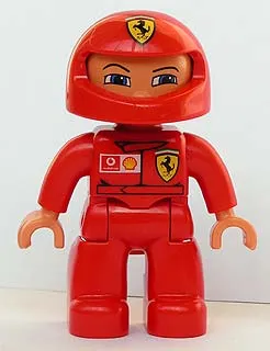 Duplo Figure Lego Ville, Male, Red Legs, Red Top with Ferrari / Shell / Vodafone Pattern, Red Helmet (4233467)