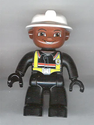 Duplo Figure Lego Ville, Male Fireman, Black Legs, Black Hands, White Helmet, Brown Face