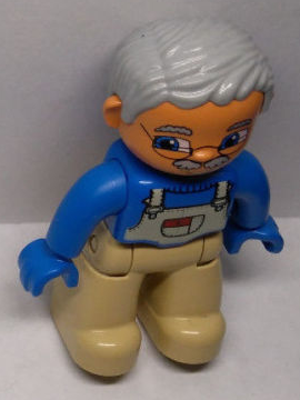 Duplo Figure Lego Ville, Male, Tan Legs, Blue Top with White Overalls Bib, Blue Hands, Light Bluish Gray Hair