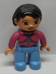 Duplo Figure Lego Ville, Female, Medium Blue Legs, Magenta Top, White Zipper, Black Hair, Brown Eyes