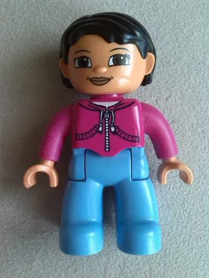 Duplo Figure Lego Ville, Female, Medium Blue Legs, Magenta Top with White Drawstring, Black Hair, Brown Eyes