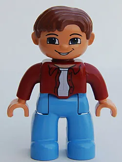 Duplo Figure Lego Ville, Male, Medium Blue Legs, Dark Red Top, Reddish Brown Hair, Blue Eyes