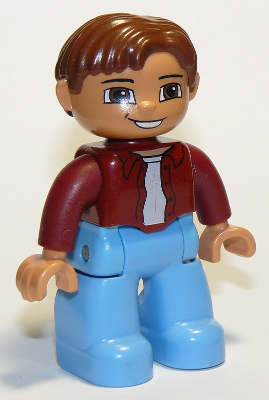 Duplo Figure Lego Ville, Male, Medium Blue Legs, Dark Red Top, Reddish Brown Hair, Open Mouth Smile, Reddish Brown Eyes
