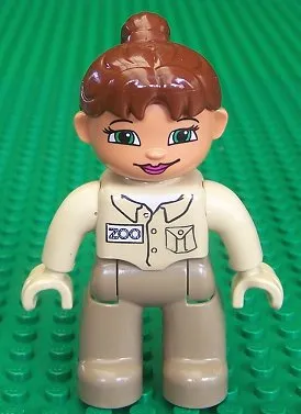 Duplo Figure Lego Ville, Female, Dark Tan Legs, Tan Top, Tan Hands, Reddish Brown Ponytail Hair, Green Eyes (Zoo Keeper)