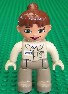 Duplo Figure Lego Ville, Female, Dark Tan Legs, Tan Top, Tan Hands, Reddish Brown Ponytail Hair, Green Eyes (Zoo Keeper)