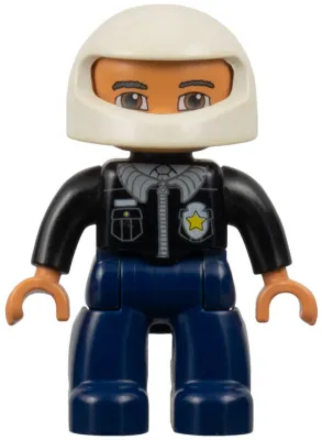 Duplo Figure Lego Ville, Male Police, Dark Blue Legs, Black Top with Badge, Black Arms, White Helmet, Dark Bluish Gray Eyebrows, Reddish Brown Eyes