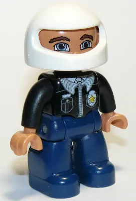 Duplo Figure Lego Ville, Male Police, Dark Blue Legs, Black Top with Badge, Black Arms, White Helmet, Reddish Brown Eyebrows, Blue Eyes