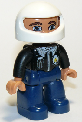 Duplo Figure Lego Ville, Male Police, Dark Blue Legs, Black Top with Badge, Black Arms, White Helmet, Reddish Brown Eyebrows, Blue Eyes