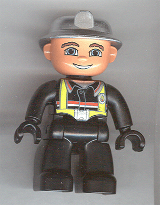 Duplo Figure Lego Ville, Male Fireman, Black Legs, Black Hands, Silver Helmet, Blue Eyes