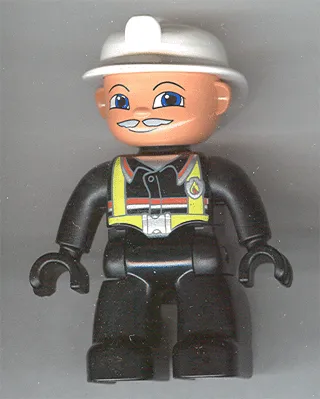 Duplo Figure Lego Ville, Male Fireman, Black Legs, Black Hands, White Helmet, Light Gray Moustache